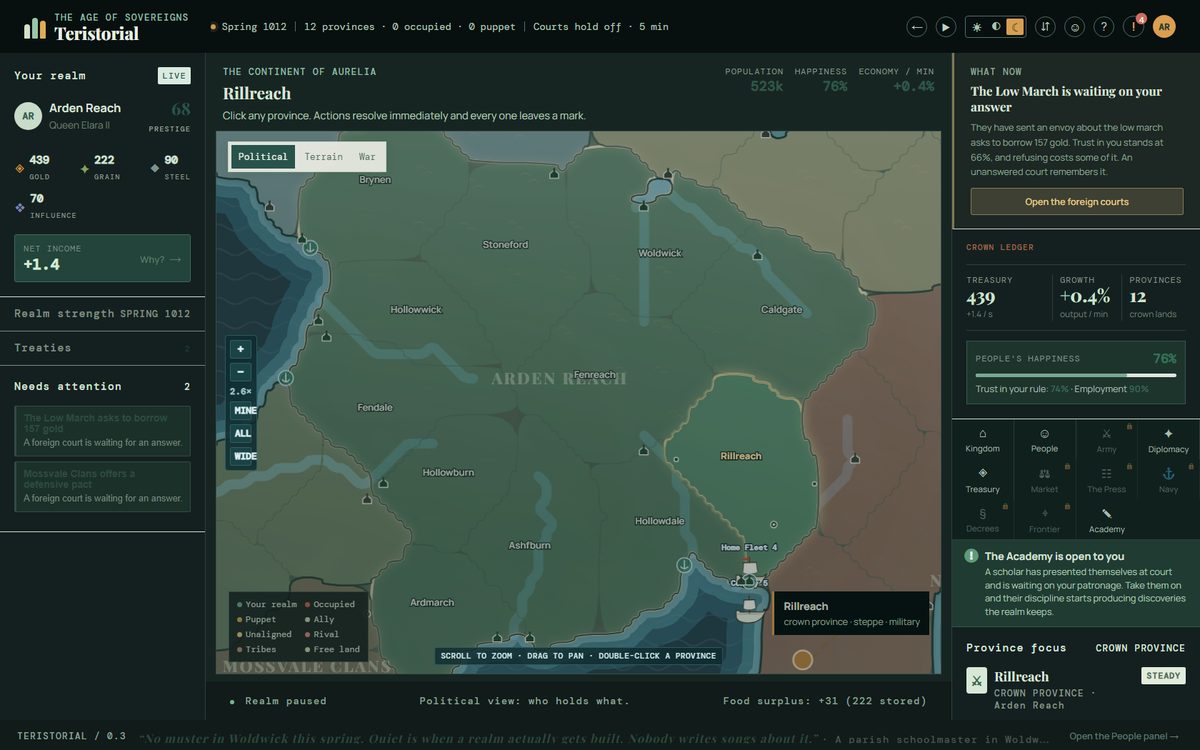 The game: a map of the continent with the player's provinces outlined in gold,
                a treasury and income panel down the left, and a card on the right reading
                'The Low March is waiting on your answer'.