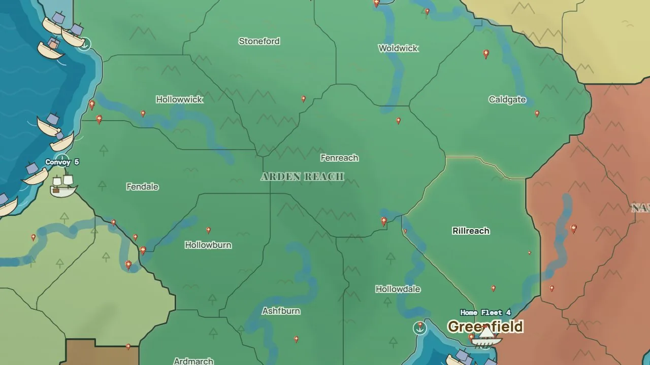 The map: green provinces with rivers and towns, ships along the coast.